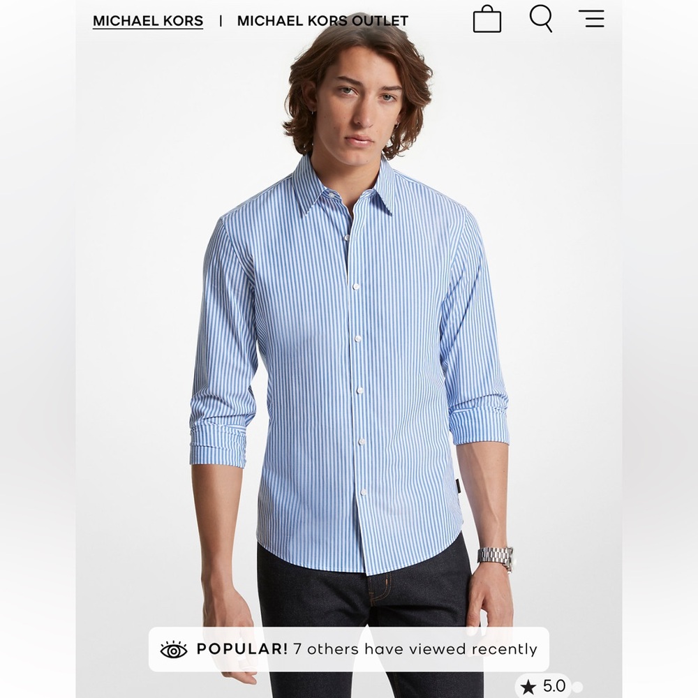 MICHAEL KORS • Slim-Fit Stretch Cotton White Blue Striped Long Sleeve Shirt NWOT